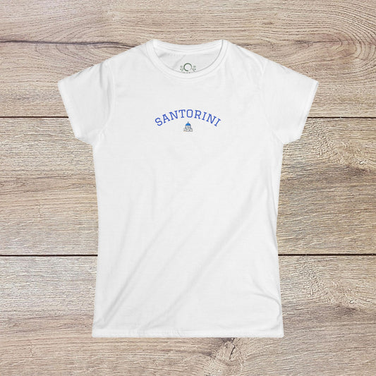 Front view of the Santorini Tee featuring a stylish blue 'Santorini' text, made from 100% ring-spun cotton with a comfortable fit and eco-friendly design.