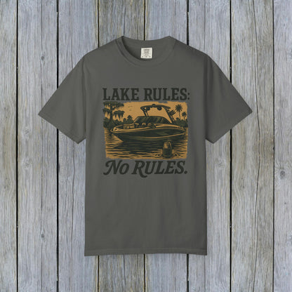 Unisex Garment-Dyed Lake Rules Tee in dark gray color featuring a lake scene with the text 'Lake Rules: No Rules.', crafted from soft vintage fabric, perfect for outdoor activities.