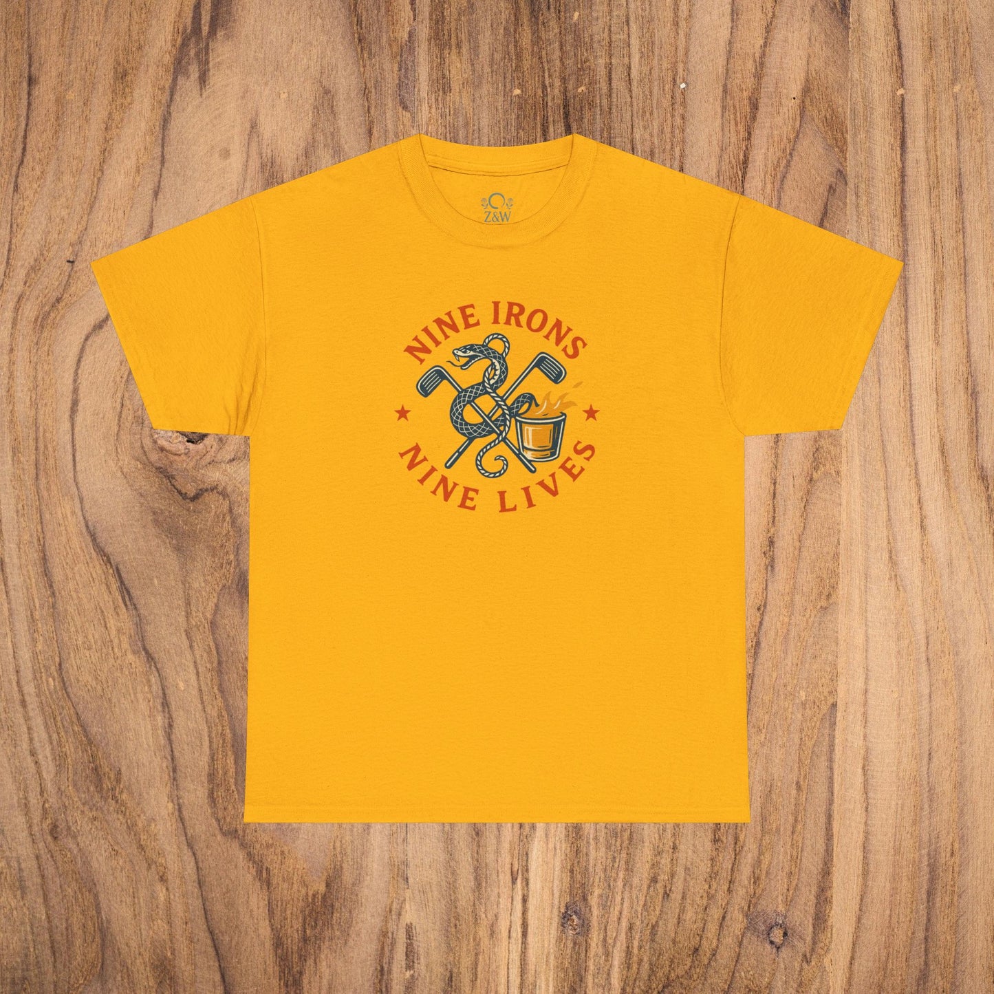 Golf-Themed 100% Cotton T-Shirt in bright yellow color - Fun Casual Wear for Golf Lovers, Perfect Gift for Dads displaying a playful 'Nine Irons Nine Lives' graphic.