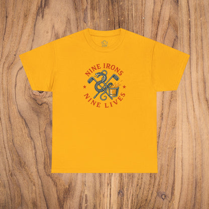 Golf-Themed 100% Cotton T-Shirt in bright yellow color - Fun Casual Wear for Golf Lovers, Perfect Gift for Dads displaying a playful 'Nine Irons Nine Lives' graphic.