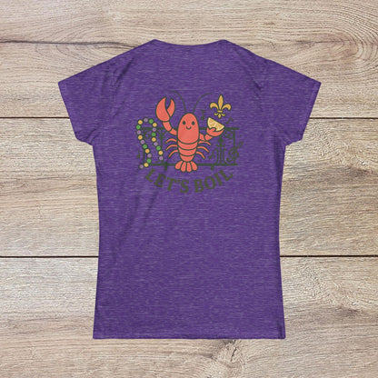 Crawfish Boil Shirt for Women - Vibrant purple tee featuring a fun lobster graphic with the text 'Let's Boil', ideal for seafood lovers at summer events.
