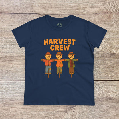 Harvest Crew Halloween T-Shirt in navy blue featuring cheerful scarecrow characters with the text 'Harvest Crew'. Made from soft 100% ring-spun cotton, it offers a classic fit and eco-friendly style.