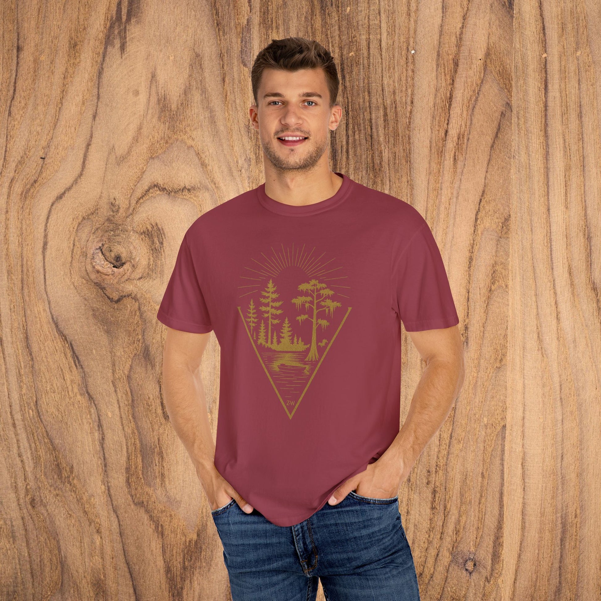Nature Outdoor Vibes Tee - Soft 100% US Cotton on a model, showing off a unique maroon color with a forest graphic, ideal for outdoor enthusiasts.
