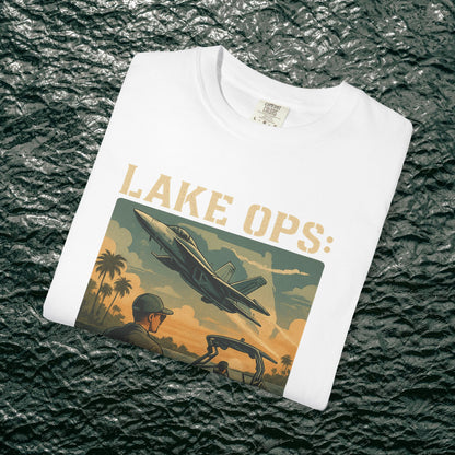 Garment-Dyed Comfort Tee for Adults featuring a unique 'Lake Ops' graphic design in white color, made from 100% ring-spun cotton, perfect for casual wear.