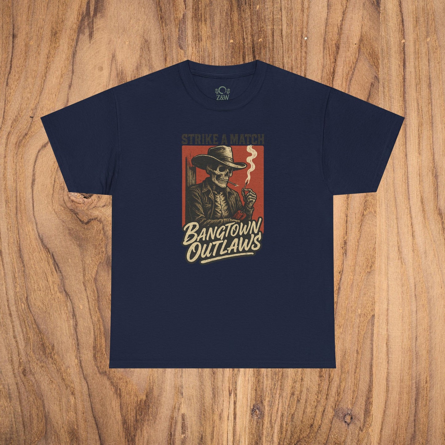 Bangtown Outlaws Retro Casual Party Shirt in deep navy color displaying a stylish skeleton graphic with 'Strike a Match' text. A trendy unisex cotton tee perfect for gifting and social events.