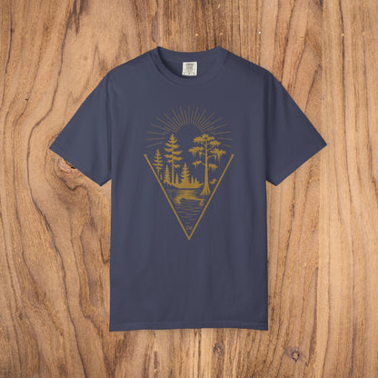 Nature Outdoor Vibes Tee in navy blue, featuring a captivating nature graphic, made from durable 100% US cotton for a perfect fit.