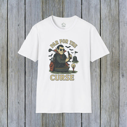White Funny Halloween Unisex T-Shirt with 'Par For The Curse' design, ideal for Halloween celebrations.