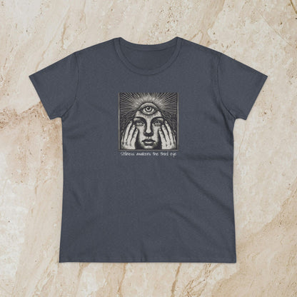 Stylish Third Eye Graphic Tee in heather navy, displaying an artistic third eye graphic on a relaxed-fit, cropped cotton design. Perfect for modern fashion enthusiasts.