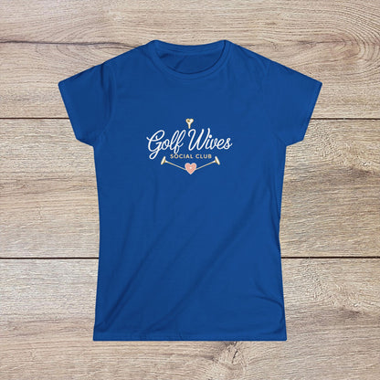 Golf Wives Social Club Tee in vibrant blue, made from 100% ring-spun cotton, showcasing a stylish design perfect for golf enthusiasts.