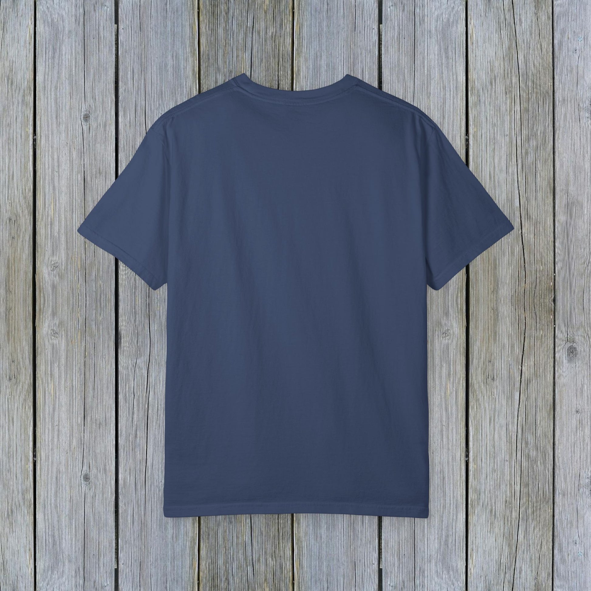Back view of the Unisex Garment-Dyed Lake Rules Tee, emphasizing its relaxed fit and soft vintage fabric, perfect for lake lovers.