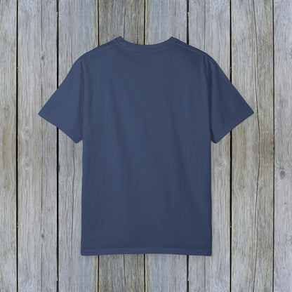 Back view of the Unisex Garment-Dyed Lake Rules Tee, emphasizing its relaxed fit and soft vintage fabric, perfect for lake lovers.