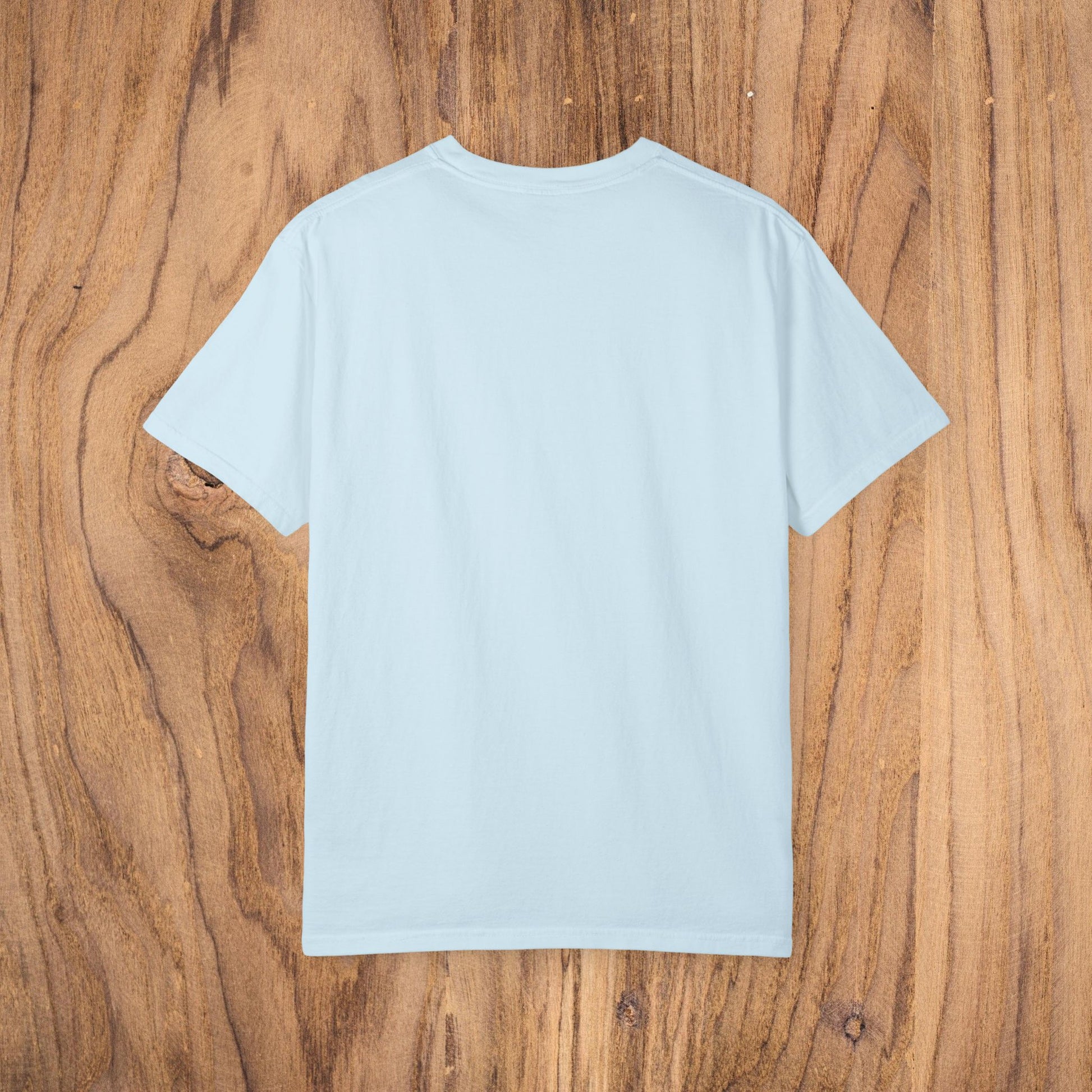 Unisex Sunset Palm Tree T-Shirt - Vibrant Garment-Dyed Cotton Tee for Men & Women in Light Blue highlighting the rear design of a classic t-shirt.