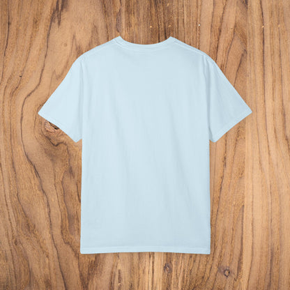 Unisex Sunset Palm Tree T-Shirt - Vibrant Garment-Dyed Cotton Tee for Men & Women in Light Blue highlighting the rear design of a classic t-shirt.