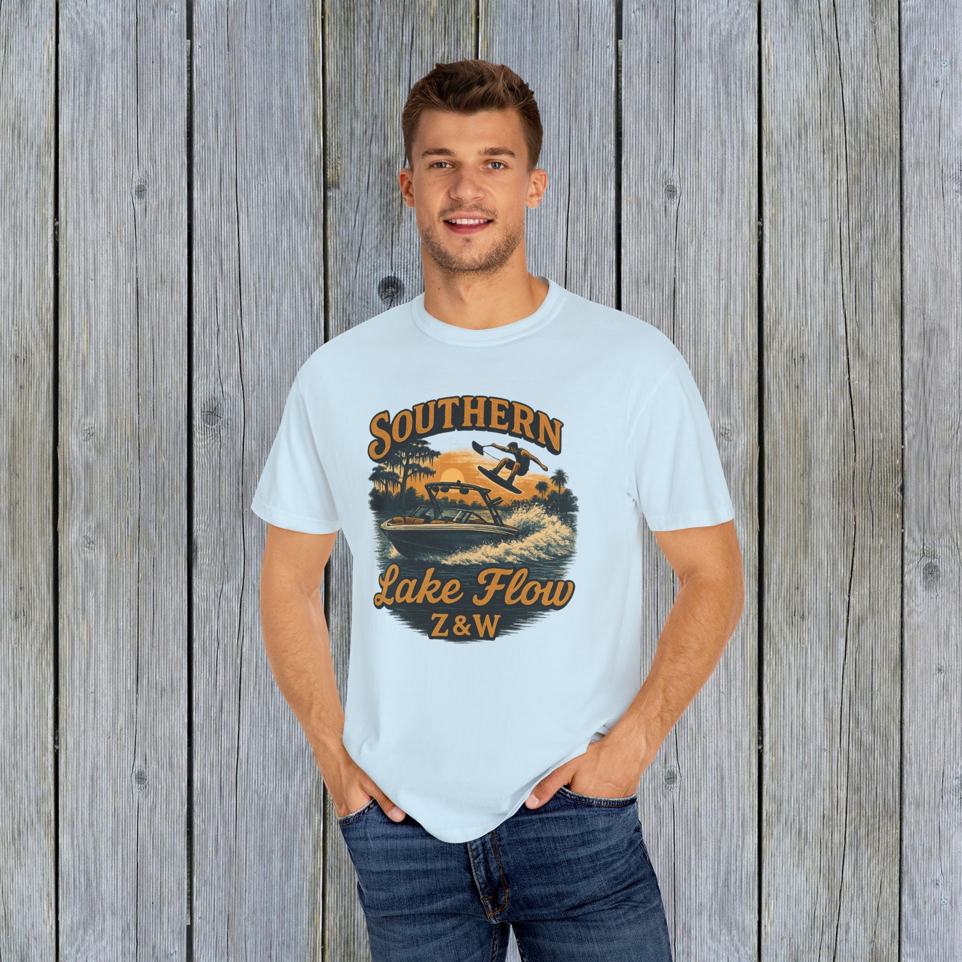 Southern Lake Flow T-Shirt worn by a model, showcasing eco-friendly 100% US cotton fabric, perfect for outdoor enthusiasts.