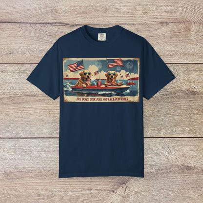 Men's Golden Tee: Comfortable Cotton T-Shirt in navy, displaying playful dogs with USA flags, a great choice for summer festivities.