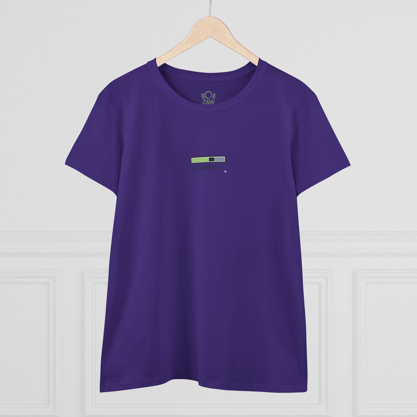 404 Y2K Graphic T-Shirt displayed on a hanger in purple, featuring a minimalist loading bar design, representing the fusion of Y2K nostalgia and modern style.