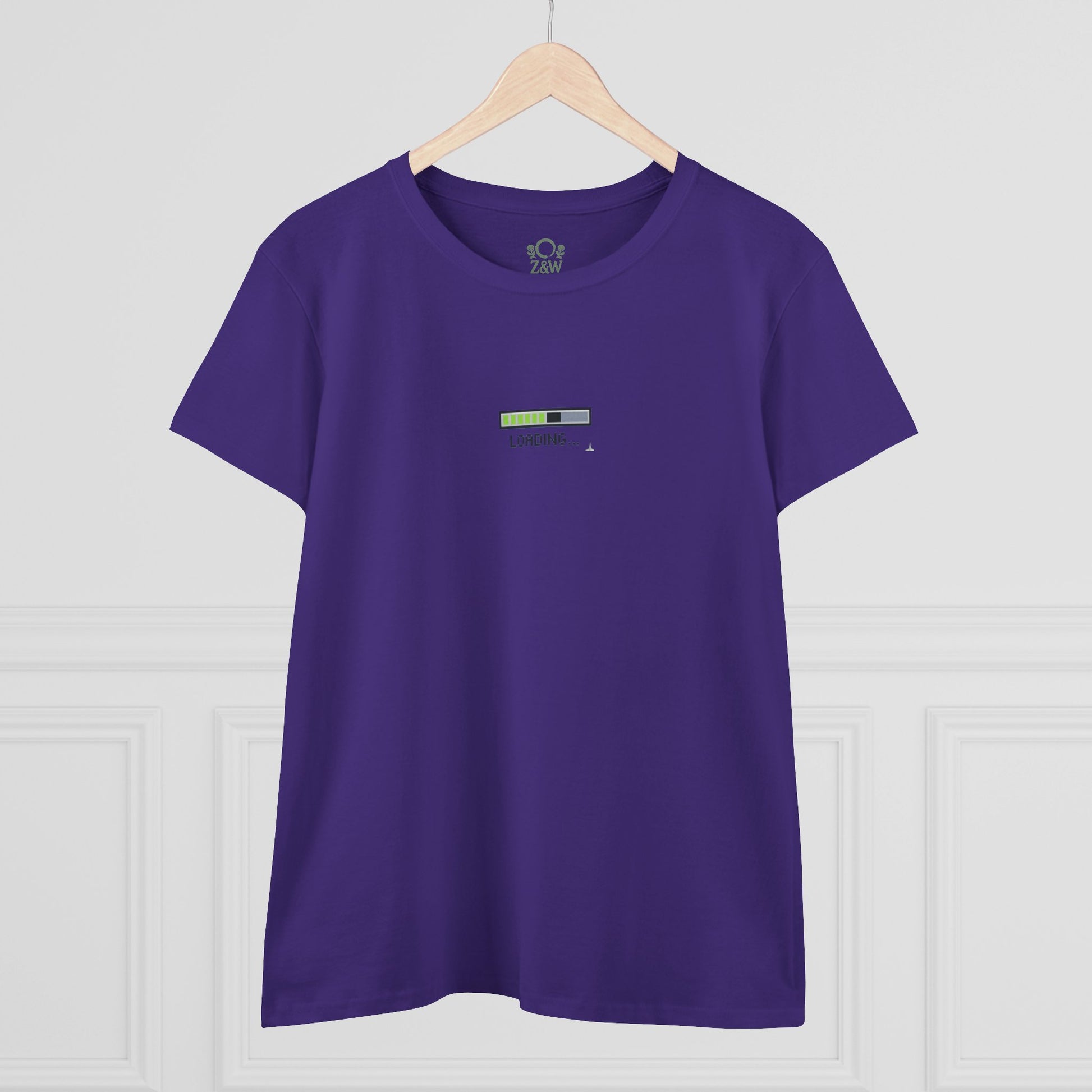 404 Y2K Graphic T-Shirt displayed on a hanger in purple, featuring a minimalist loading bar design, representing the fusion of Y2K nostalgia and modern style.
