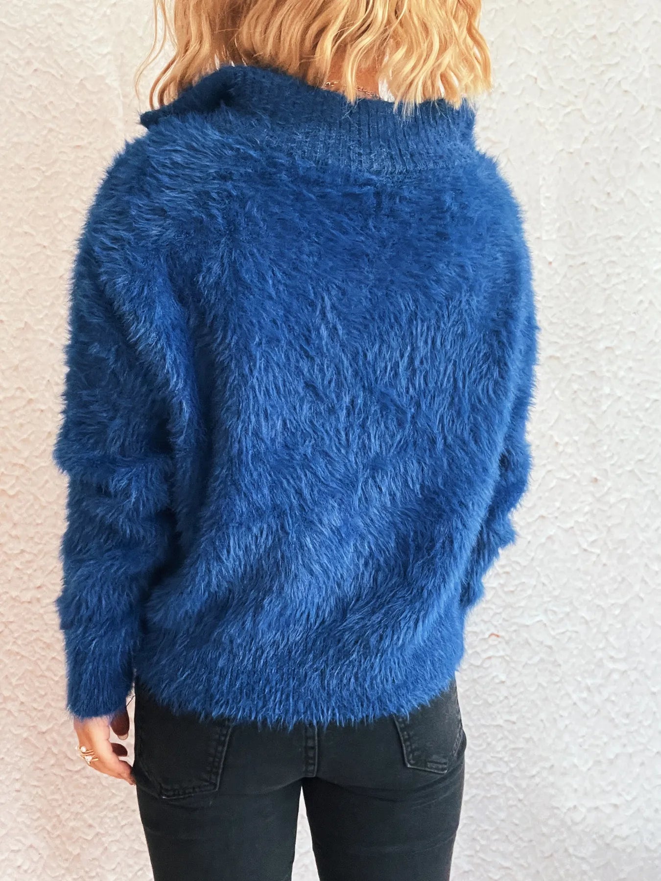Cozy Fuzzy Half-Zip Sweater for Women in vibrant blue color, featuring a plush and soft texture, displayed from the back view, highlighting its slightly stretchy design and casual elegance.