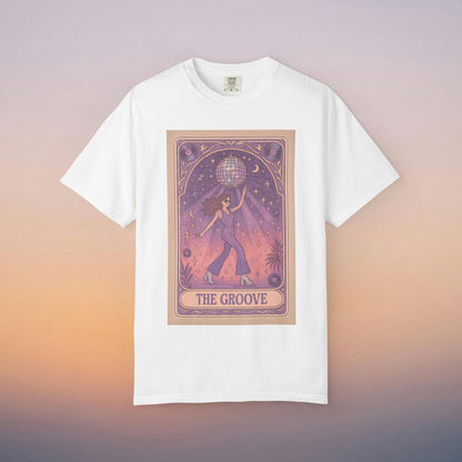 Groove Tarot Graphic Tee in classic white, displaying an artistic design of a figure with a disco ball, designed for unisex fit and made from soft, durable 100% ring-spun cotton.