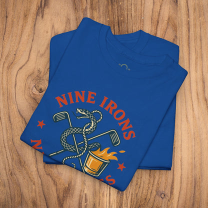 Golf-Themed 100% Cotton T-Shirt in blue, showcasing a playful 'NINE IRONS' graphic with golf elements, ideal casual wear for golf enthusiasts and an excellent gift idea for fathers.