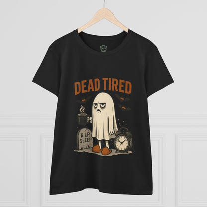 Front view of a Cute Whimsical Ghost T-Shirt for Halloween with 'Dead Tired' design, perfect gift for spooky season.