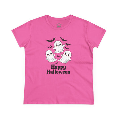 Cute Halloween Ghost T-Shirt for Kids & Adults in vivid pink, featuring three cute ghosts, great for Halloween parties. Made from soft, high-quality cotton.