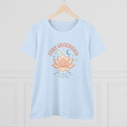 Stay Grounded Spiritual Tee - Light blue crop top showcasing a stylish lotus flower illustration, great for vacations and outdoor events.