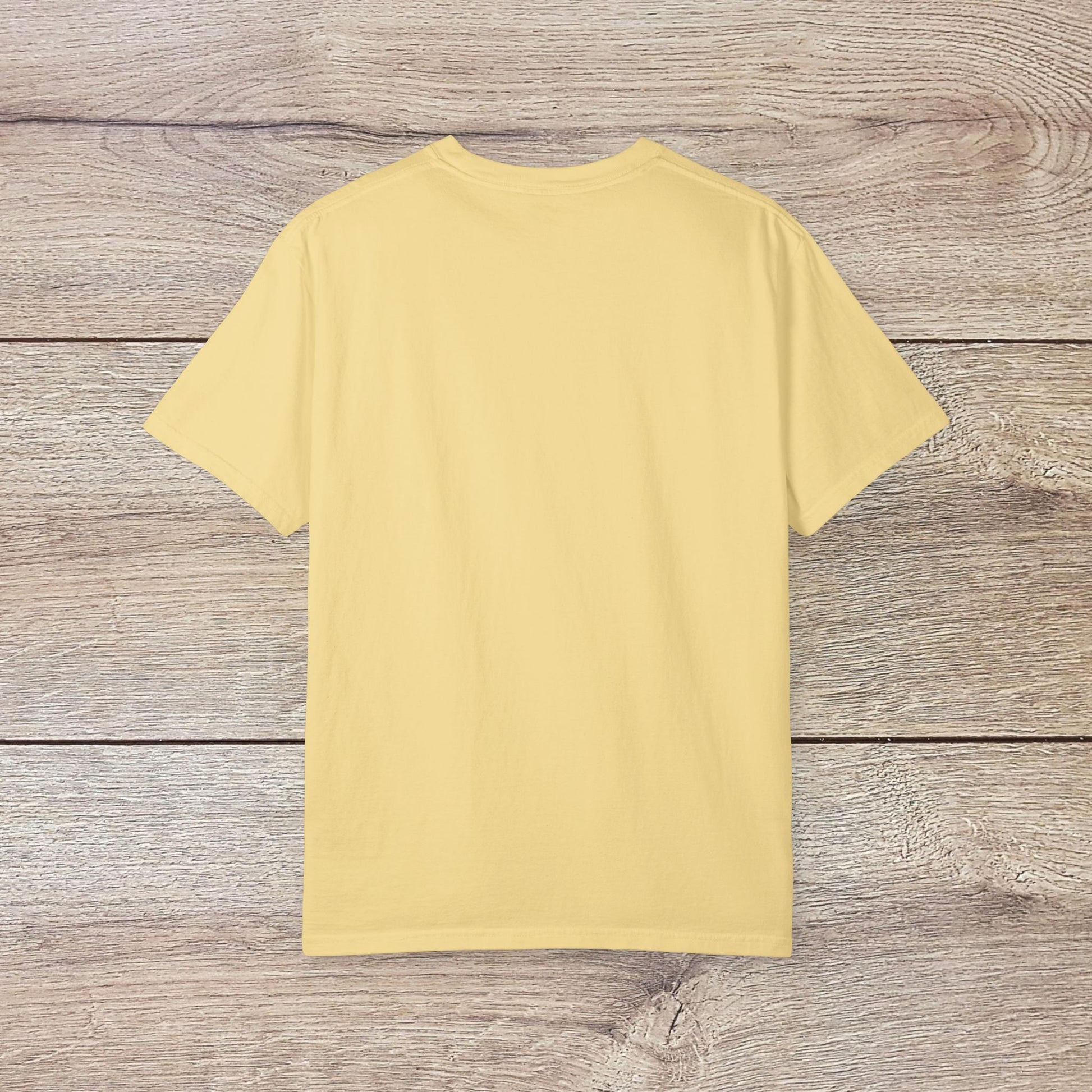Back view of Men's Golden Tee in a solid yellow color, emphasizing comfort and fit. Comfortable Cotton T-Shirt with Ribbed Collar, Sizes S-5XL.