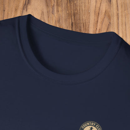 Close-up of the crew neckline of the navy Vintage Southern Gentleman Golf Shirt - Country Club Outlaw Cowboy Tee, emphasizing comfort and style.
