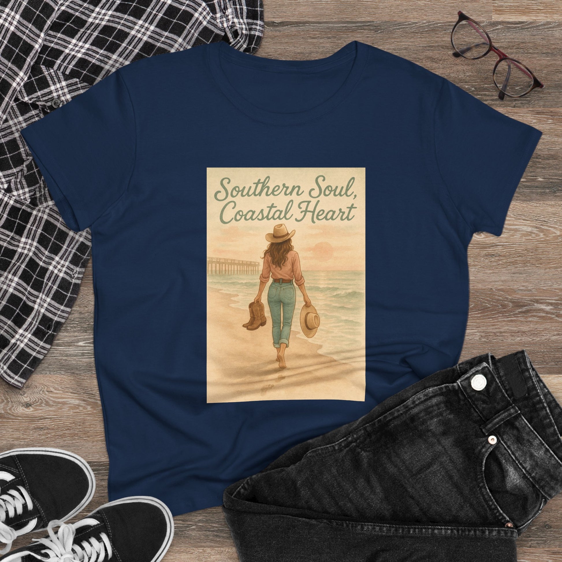 Flat lay of Southern Soul Coated Heart Tee in navy blue, paired with stylish jeans and accessories, showing off its unique design and comfortable fit in unisex sizes S-3XL.