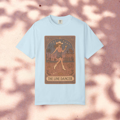 Line Dancer Tarot Tee in light blue, showcasing a distinctive design with a dancer surrounded by an artistic backdrop, crafted from high-quality, ethically made cotton. Sizes range from S-4XL.