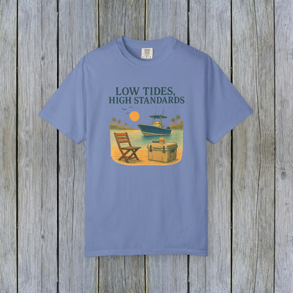 Garment-Dyed Low Tides High Standards T-Shirt in soft blue color, featuring a beach scene with a boat, ideal for casual wear.