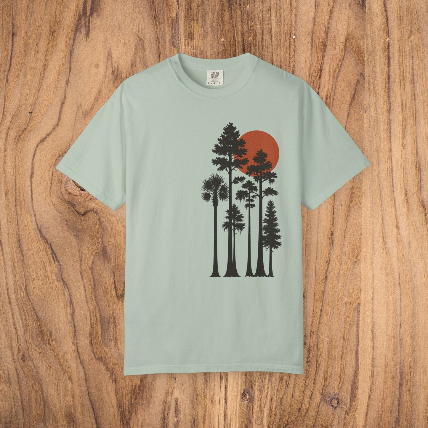 Sunset Trees Unisex T-Shirt in mint green - Soft 100% Cotton, Garment-Dyed, available in sizes S to 4XL.