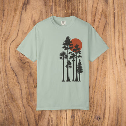 Sunset Trees Unisex T-Shirt in mint green - Soft 100% Cotton, Garment-Dyed, available in sizes S to 4XL.
