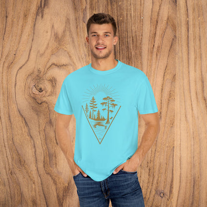 Nature Outdoor Vibes Tee in bright blue, highlighted by a beautiful nature graphic with trees and sun rays, crafted from soft 100% US cotton. Sizes range from S-4XL.