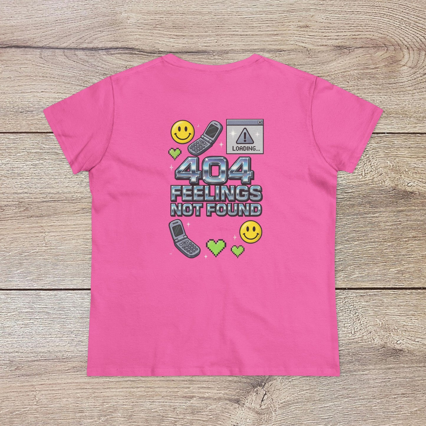 404 Y2K Graphic T-Shirt in pink showcasing a fun '404 feelings not found' design with retro elements, made with premium materials for comfort and style.