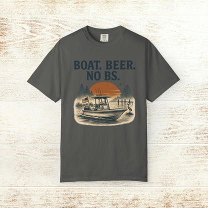 Boat Beer No BS Tee in dark gray, featuring a boat motif at sunset with the catchy phrase 'BOAT. BEER. NO BS.', a stylish choice for boating enthusiasts.