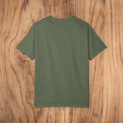 Back view of another Bayshore Lifestyle Tee in olive green, showcasing its minimalist style and lightweight 100% cotton fabric, designed for comfort and versatility.