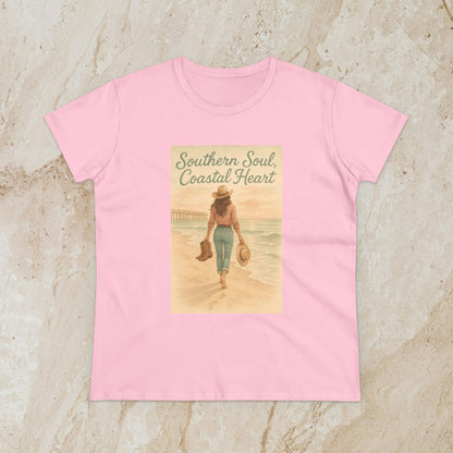 Southern Soul Coated Heart Tee in pink, featuring a delightful illustration of a woman walking on the beach, perfect for sunny days and relaxation.