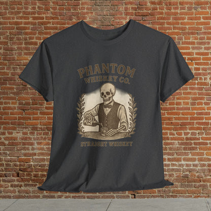 Vintage Skull Whiskey Lover Unisex Tee in dark gray showcasing a vintage skeleton graphic with 'Phantom Whiskey Co. - Straight Whiskey', ideal for whiskey enthusiasts and Halloween gifts.