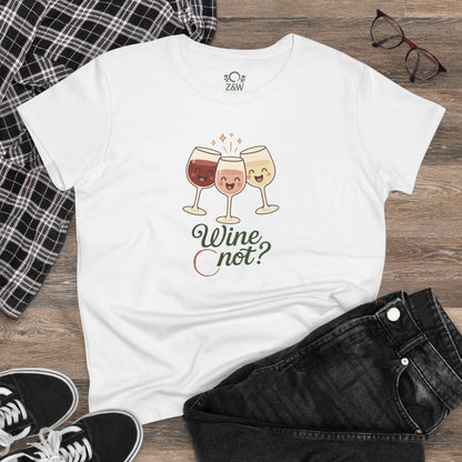Wine Not Tee displayed with trendy outfit items, showcasing the fun wine glass design on a white shirt.