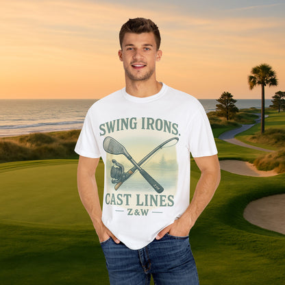 Model wearing the Swing Irons Cast Lines T-Shirt on a golf course, demonstrating its comfortable fit and stylish design with golf and fishing graphics, made from 100% cotton.