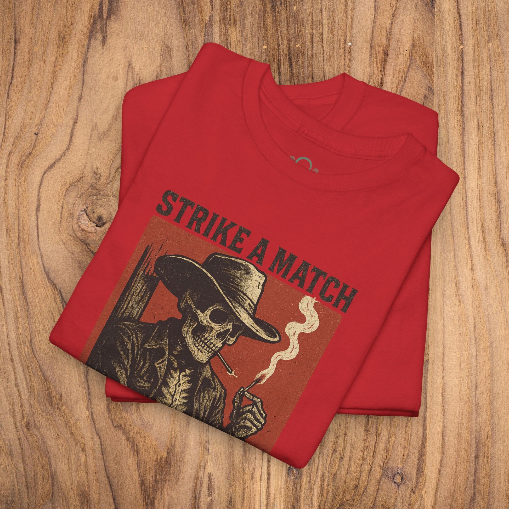 Bangtown Outlaws Retro Casual Party Shirt in bright red featuring a striking retro design of a skull and cowboy smoking, perfect for stylish events and casual gifting.