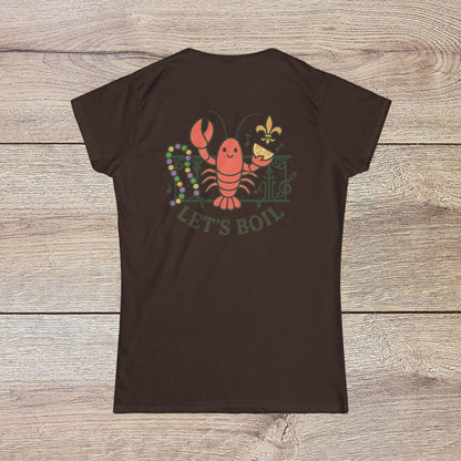 Crawfish Boil Shirt for Women in rich brown, featuring an eye-catching lobster graphic and 'LET'S BOIL' text, tailored for summer festivals and joyful celebrations.