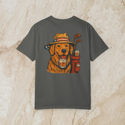Golden Whiskey Dog Tee featuring a charming golden retriever graphic in a cowboy hat with golf equipment, perfect vintage style for pet lovers.