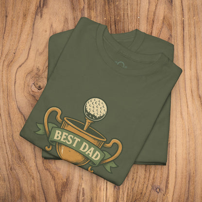 Best Dad Trophy T-Shirt in olive green, featuring an eye-catching print of a golf trophy with the text 'BEST DAD,' made of soft cotton for durable comfort.