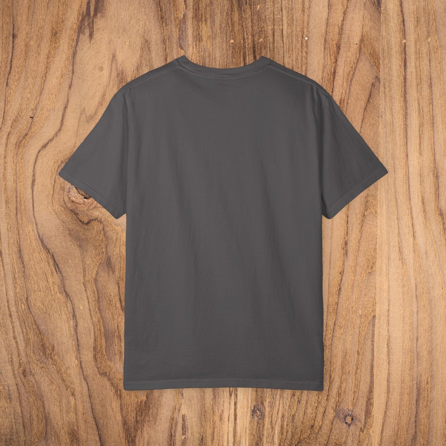 Unisex Sunset Palm Tree T-Shirt - Vibrant Garment-Dyed Cotton Tee for Men & Women in Slate Gray showcasing the back view of a stylish tee.