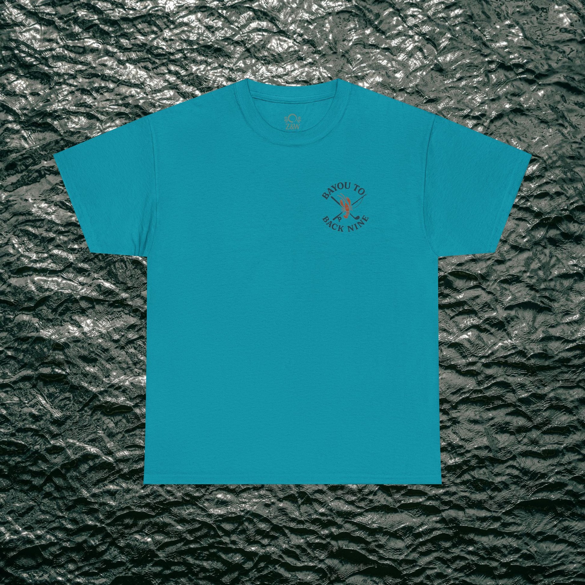 Bayou To Back Nine Softstyle Golf Tee - Vibrant turquoise cotton t-shirt featuring a stylish logo, perfect for casual outings and golf enthusiasts.