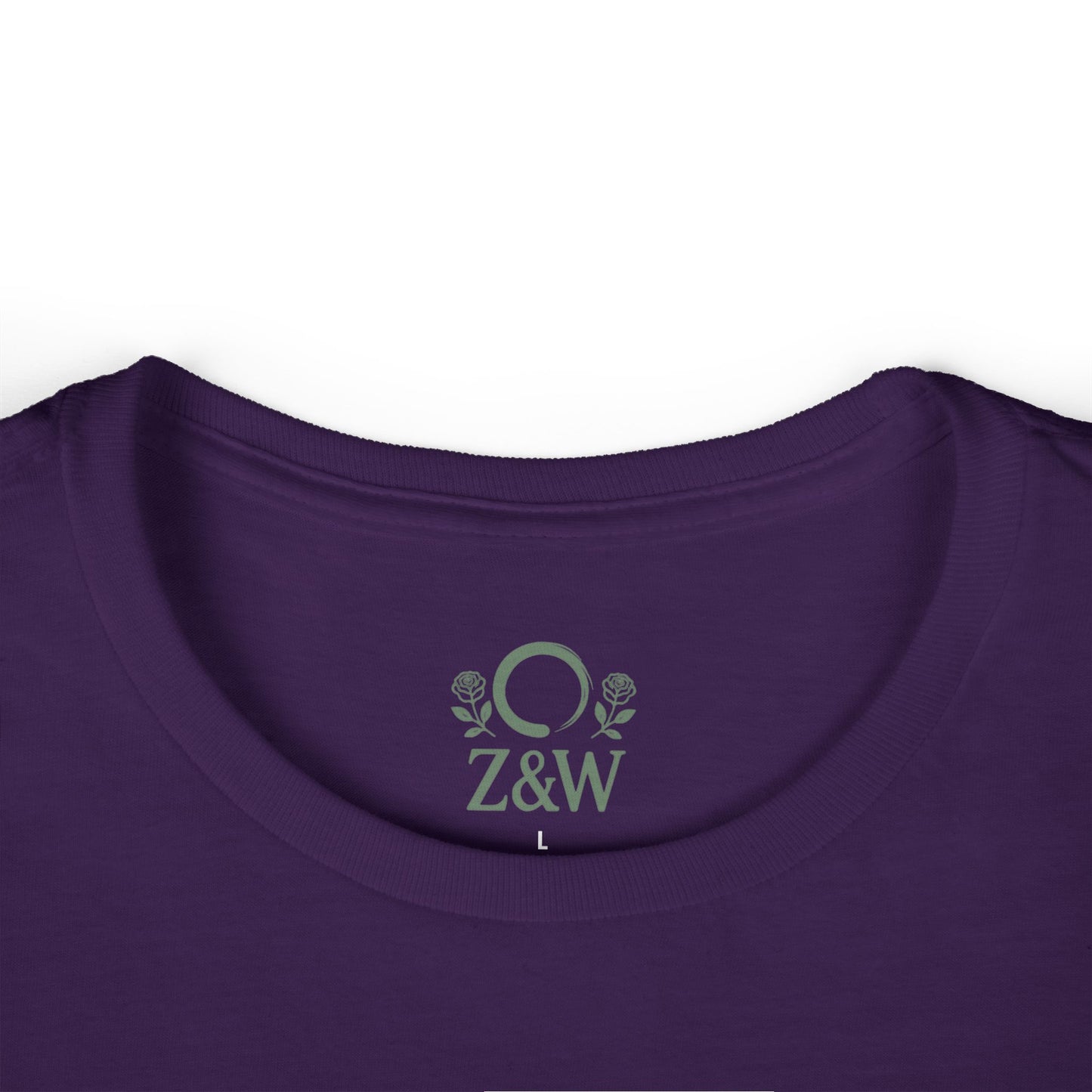 Close-up of the purple round neckline of a Cozy Plant Guitar Sweatshirt, featuring Z&W and floral details, emphasizing its cozy and custom design.