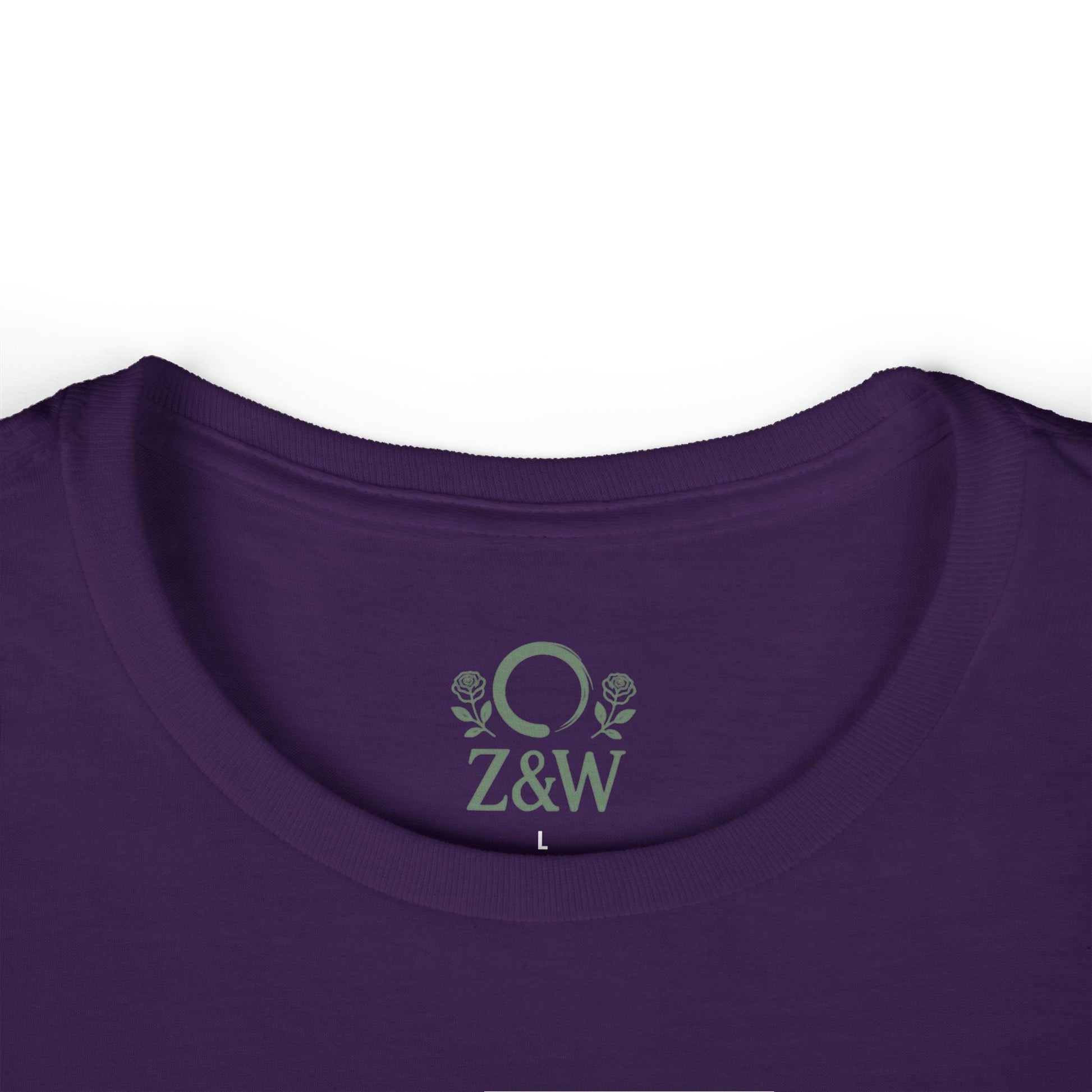 Close-up of the purple round neckline of a Cozy Plant Guitar Sweatshirt, featuring Z&W and floral details, emphasizing its cozy and custom design.